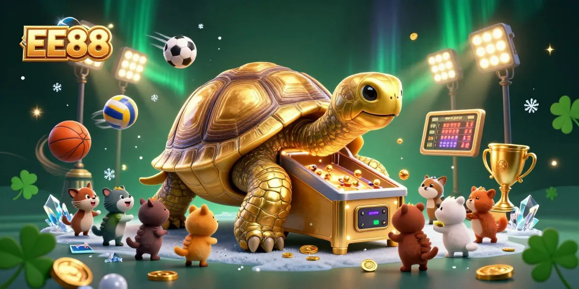 Experience high-energy gameplay action with EE88 in a vibrant 3D casino illustration featuring a golden tortoise pinball machine.
