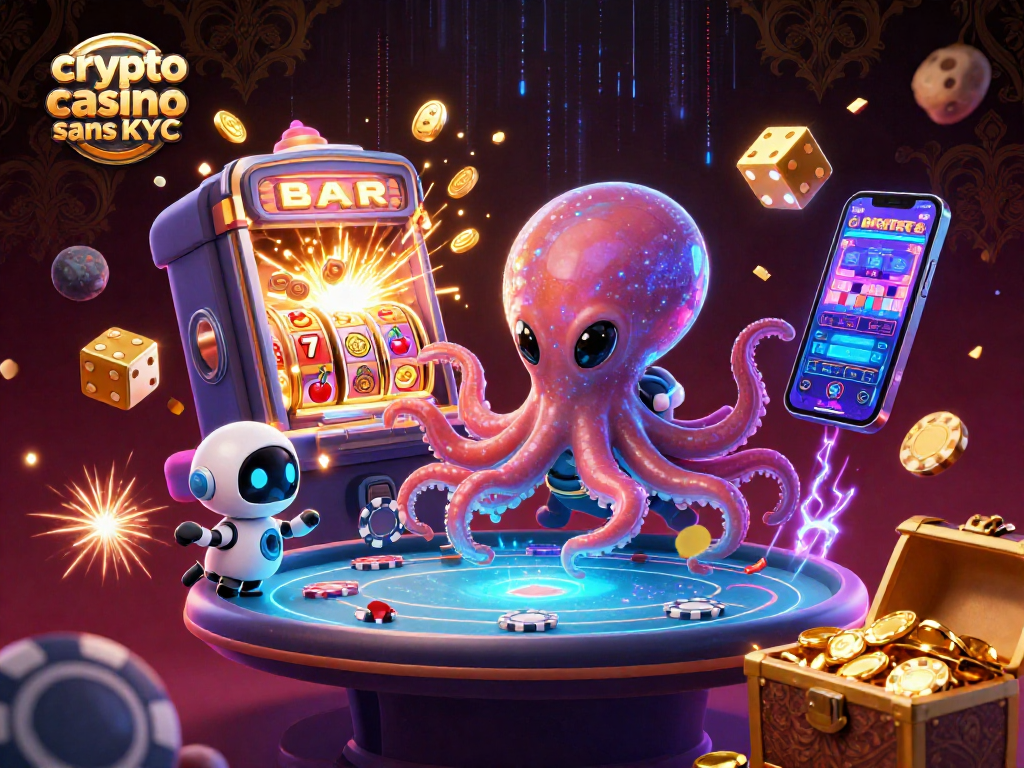 Venez découvrir notre illustration captivante d'un crypto casino sans KYC où un octopus alien joue au poker dans l'espace.