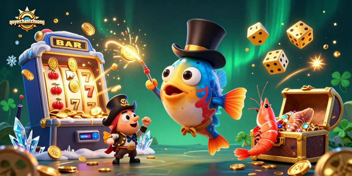 Experience thrilling gameplay with quyetchientienthuong as a glowing anglerfish and pirate shrimp attract treasure in a casino underwater scene.