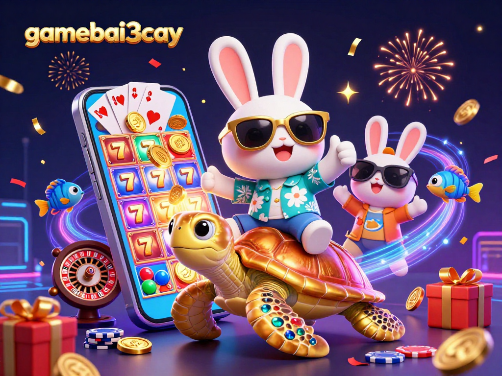 Experience the excitement at gamebai3cay with our lucky rabbit, golden turtle, and vibrant casino elements.