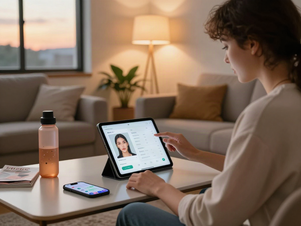 Engaging with an attractive test app in a cozy modern living room.