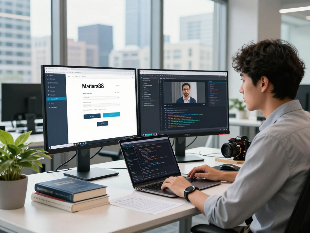 Young professional using mantra88 login interface in modern tech workspace.