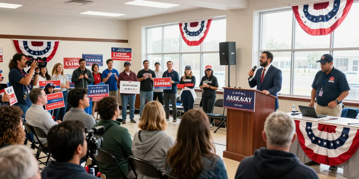 Casey Askar addressing supporters at a town hall meeting, showcasing community engagement.