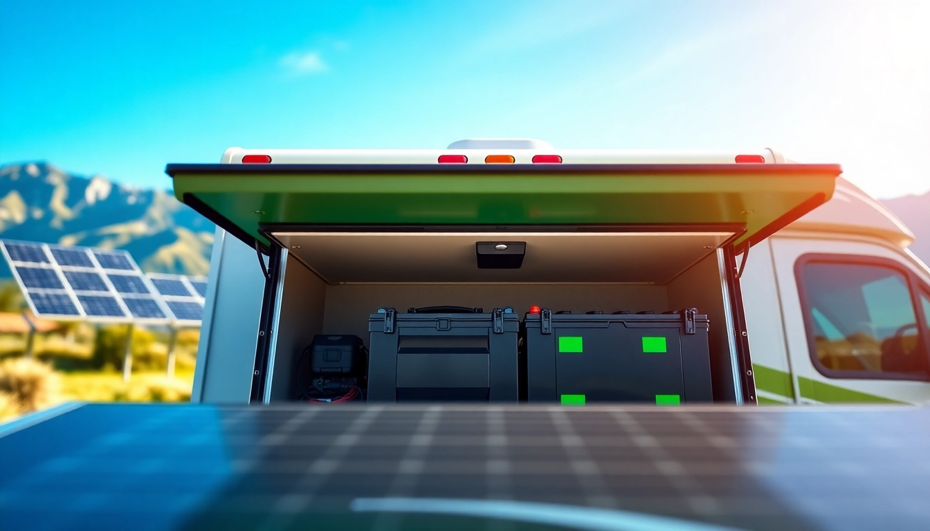 Showcasing efficient lithium RV batteries powering a modern RV in a beautiful outdoor setting.