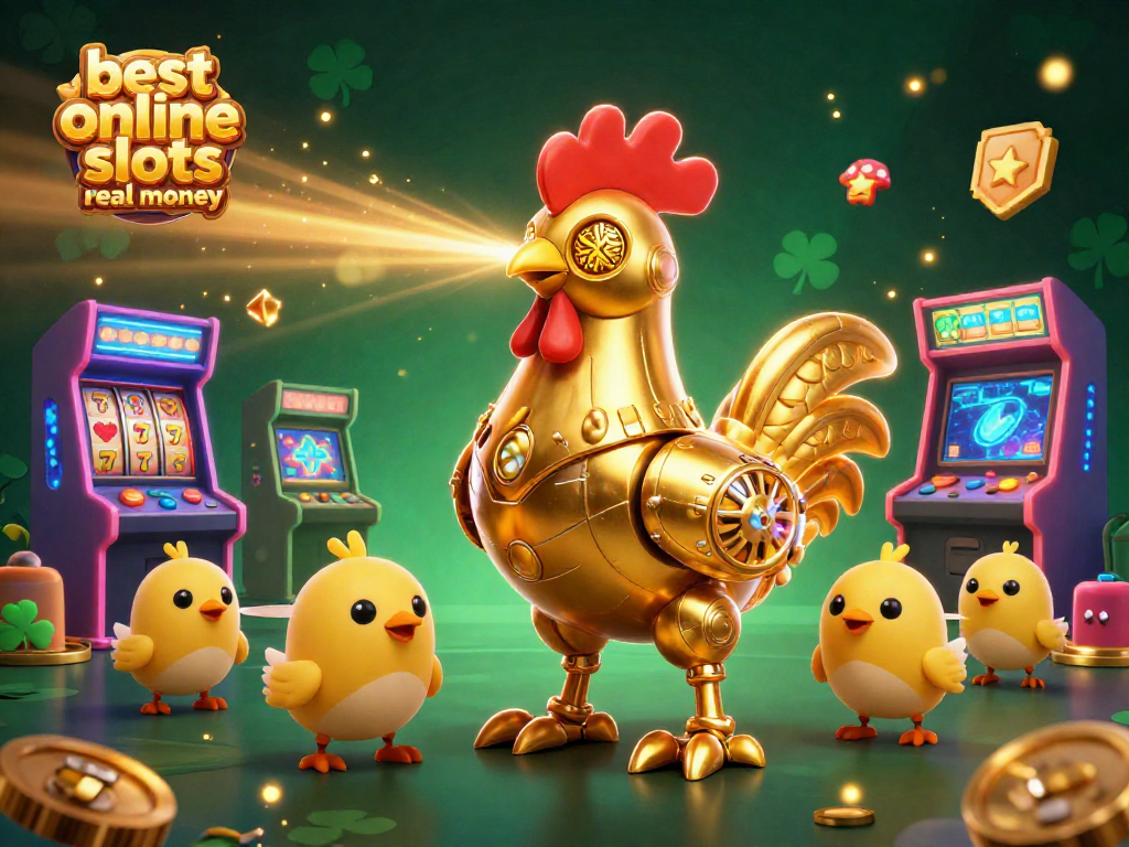 Engage with the best online slots real money featuring a golden rooster robot surrounded by vibrant arcade game elements.