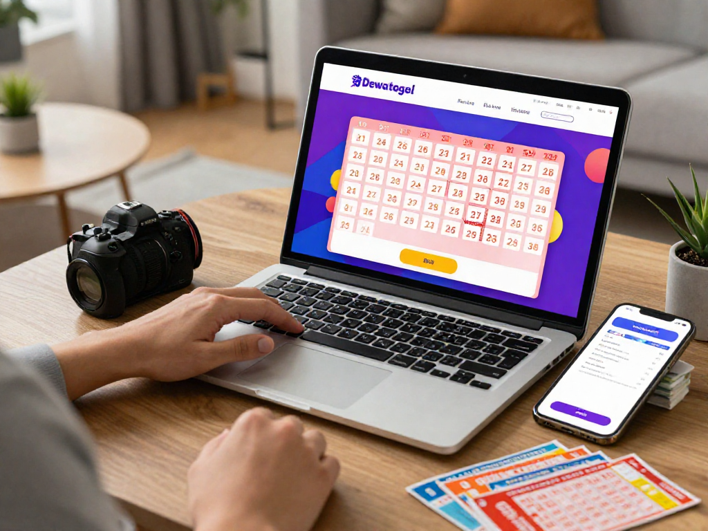 Dewatogel user engaging with online lottery platform, laptop displaying vibrant lottery graphics and tickets.