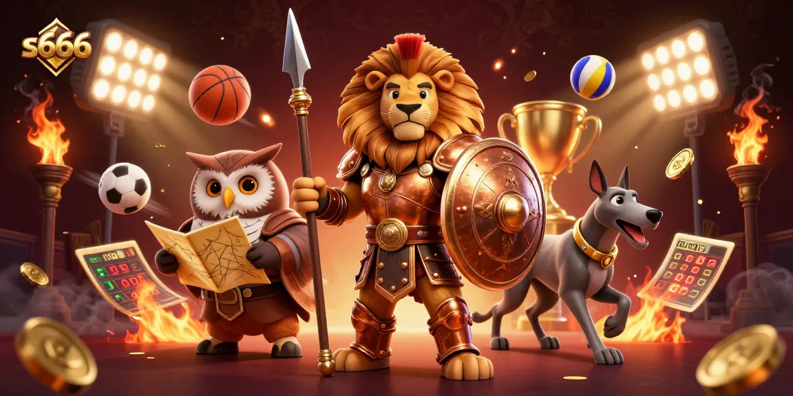 S666 offers thrilling betting opportunities featuring a Spartan lion and owl strategist in an epic casino tournament scene.