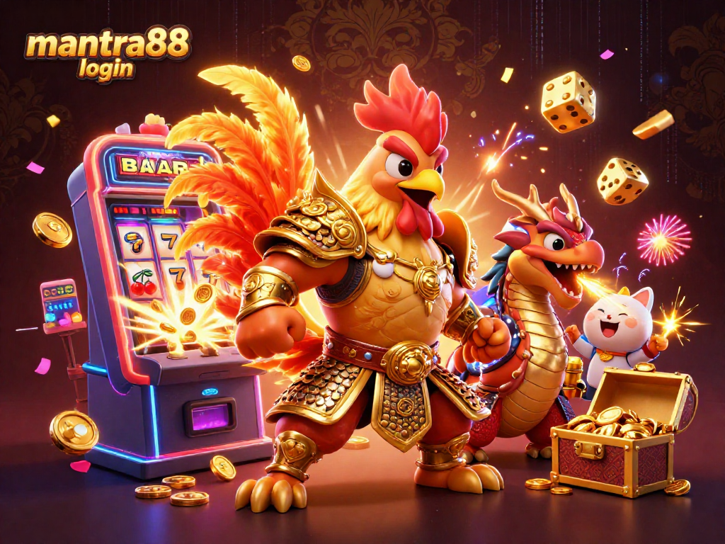 Experience thrilling wins with mantra88 login, featuring dynamic 3D characters and casino elements in action.