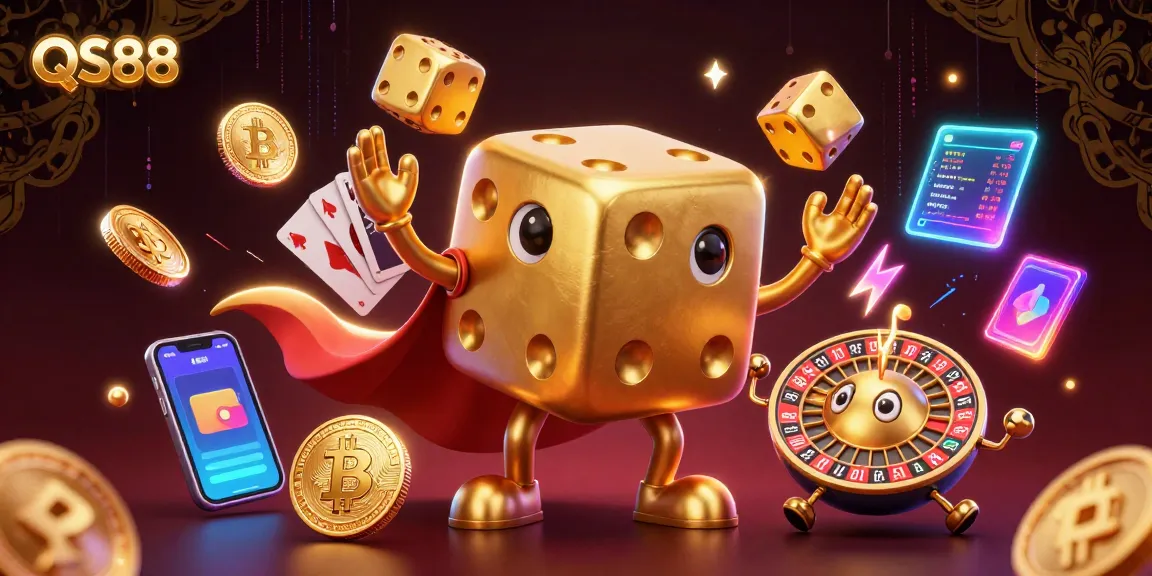 Engage with QS88's immersive gaming experience featuring 3D animated casino characters and cryptocurrency elements.