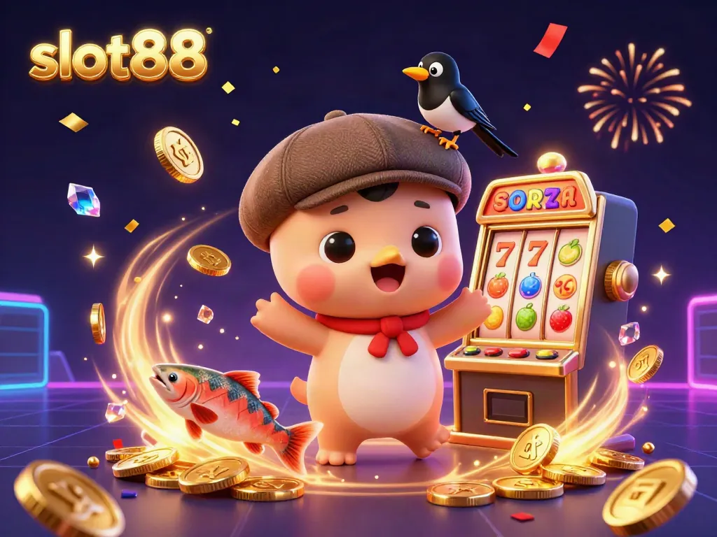 Engage with slot88's thrilling slot machine experience surrounded by vibrant characters, celebrating wins with golden coins.