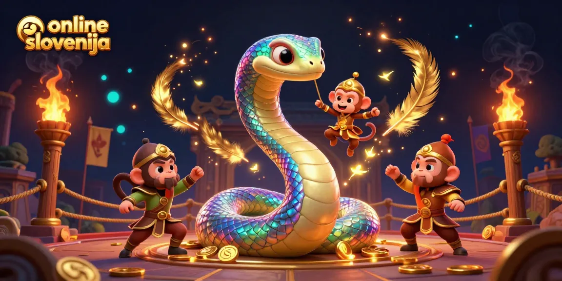 Odkrijte online casino Slovenija z dinamičnimi elementi in zabavnimi liki v 3D ilustraciji.