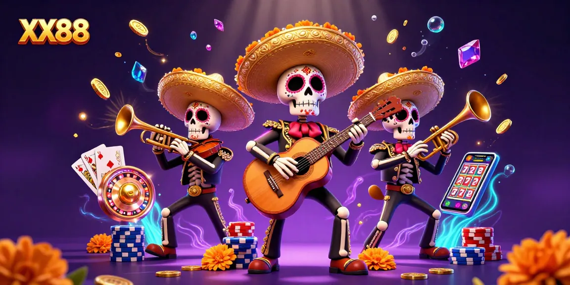 Engage with the vibrant XX88 casino experience featuring animated Day of the Dead musicians surrounded by gold coins and game elements.