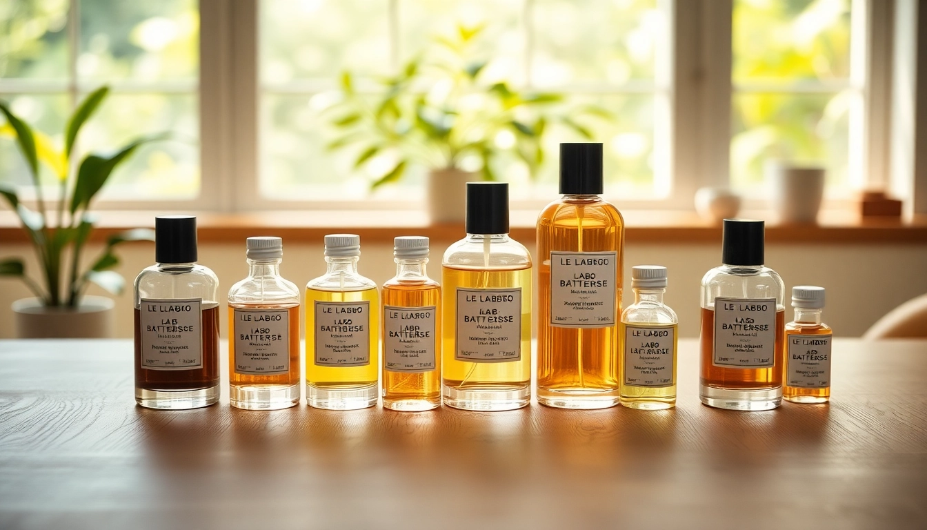 Showcase of Le Labo Battersea perfume samples arranged artfully on a stylish table.