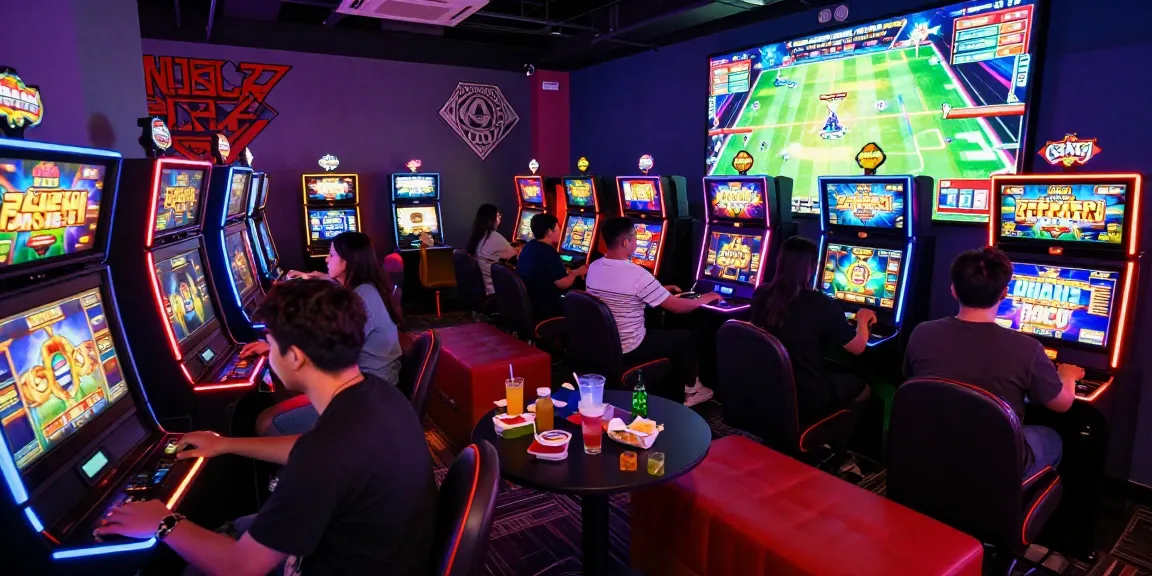 Friends enjoying gameplay at a gaming lounge showcasing เกมสล็อต excitement.