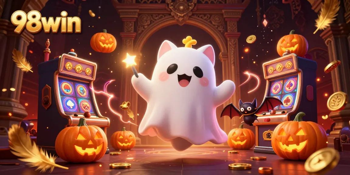 Engage with 98win in a vibrant haunted casino scene featuring a ghost cat, bat, and glowing jack-o-lanterns.