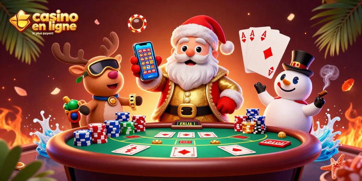 Illustration de Santa Claus et ses amis au casino en ligne le plus payant, jouant et célébrant des gains.