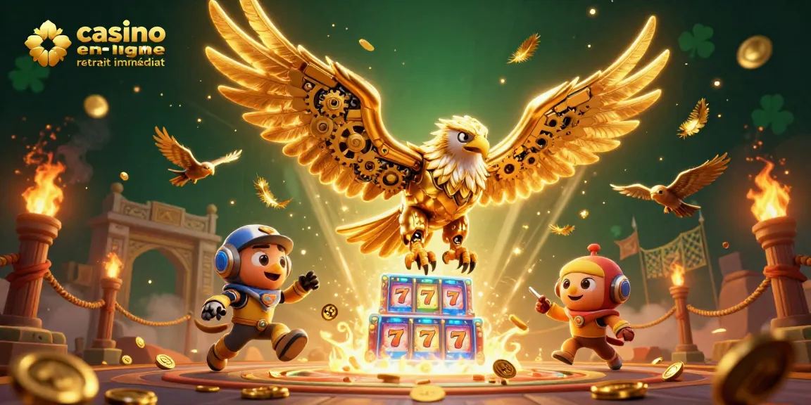 Vivez l'action avec le casino en ligne retrait immédiat dans une illustration d'aigle et de cartes holographiques.
