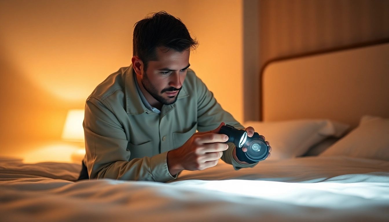 Technician performing bed bug removal inspection in a clean, inviting bedroom setting.