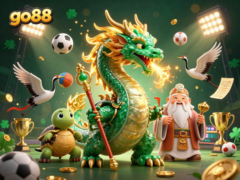 Experience thrilling wins with go88's vibrant 3D dragon and lucky cranes in an immersive gaming scene.