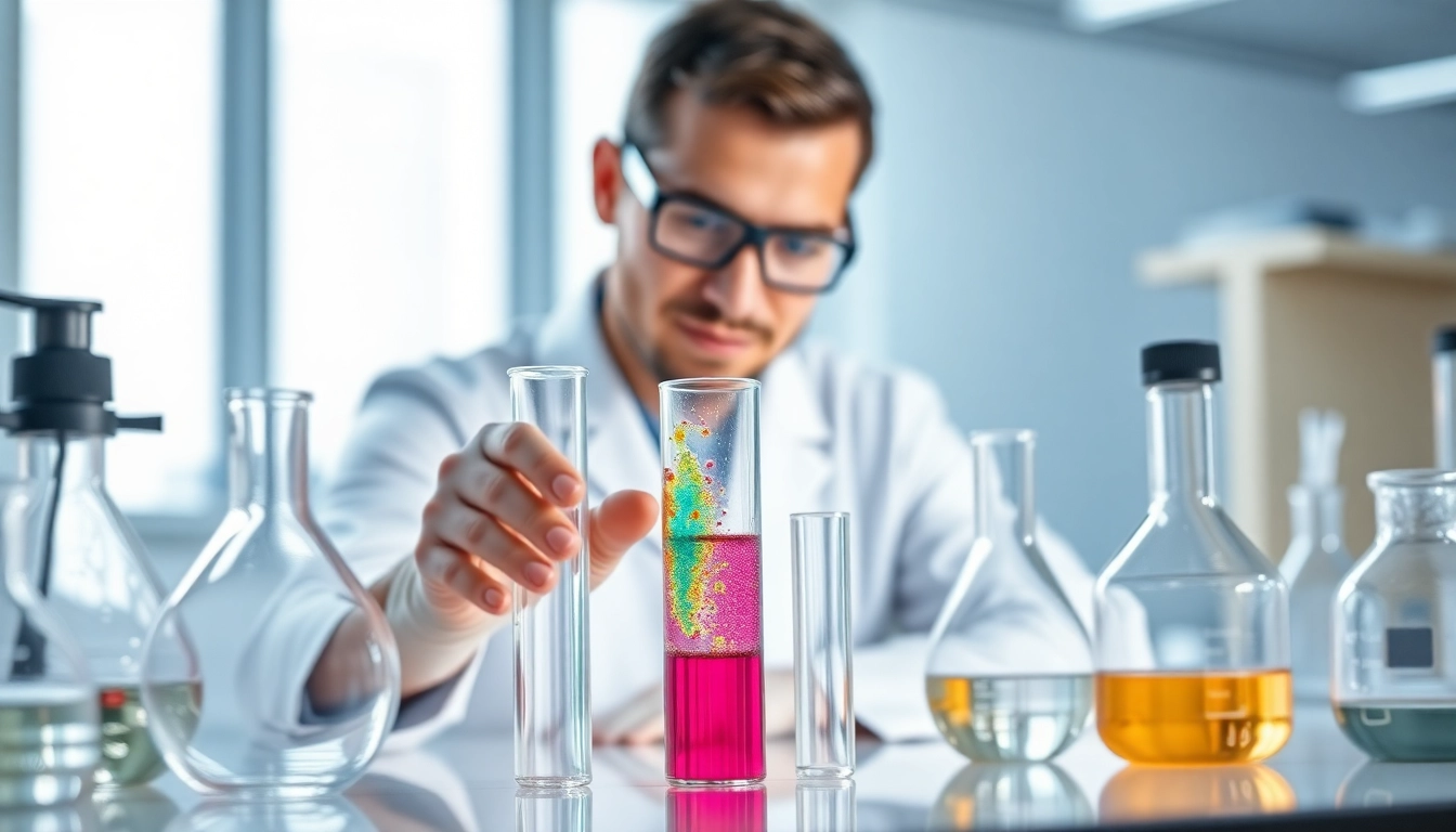 DMSO organic solutions being examined by a scientist in a bright laboratory setting.