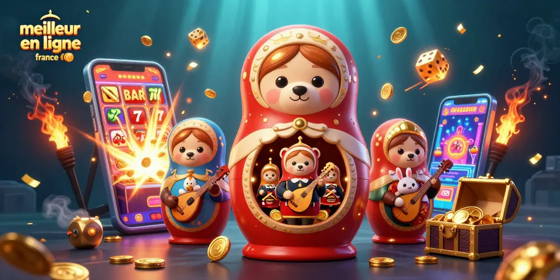 Jouer au meilleur casino en ligne France avec des ours Matryoshka et des éléments de casino colorés.