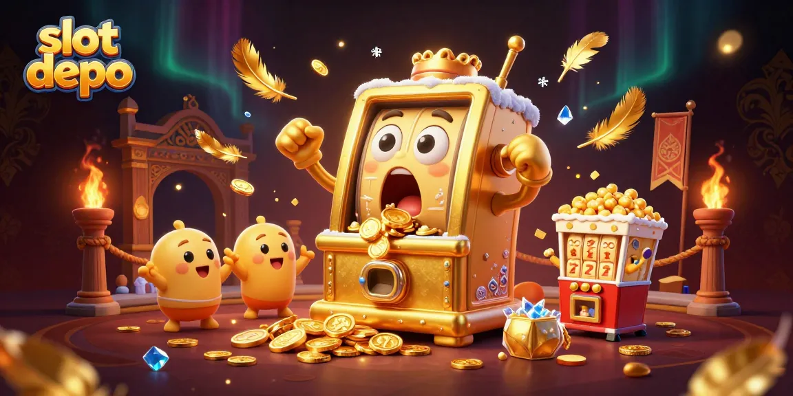 Slot depo: Mesin slot emas animasi merayakan jackpot, dikelilingi koin dan efek dramatis.