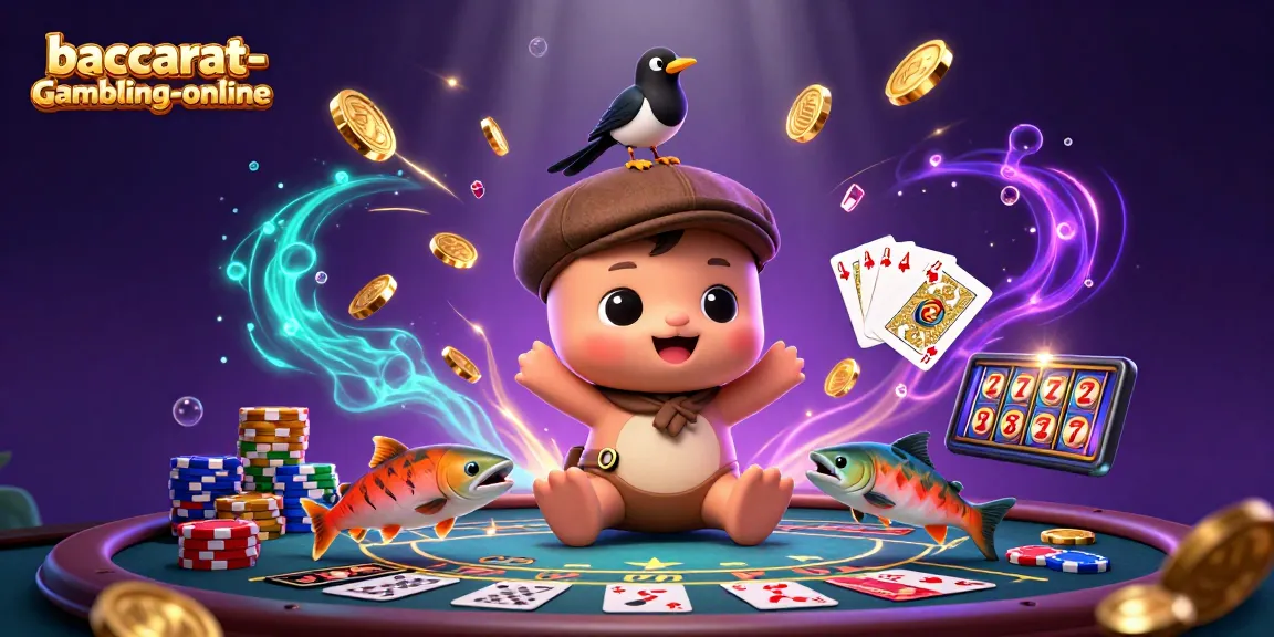 Baccarat-gambling-online scene showcasing a playful Nessie in a casino with cards and coins.