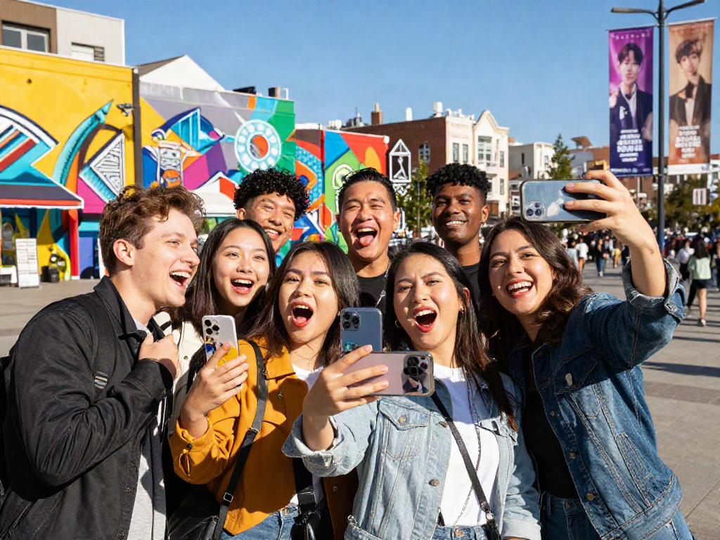 People joyfully comparing their celebrity look-alikes using an app in a lively city square, highlighting the keyword celebrity i look like.