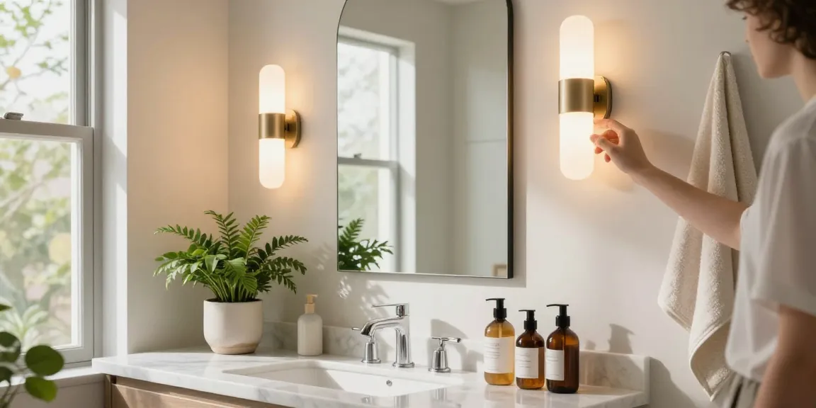 Iluminare modernă cu aplica baie LED în baie elegantă, iluminare caldă și design minimalist.