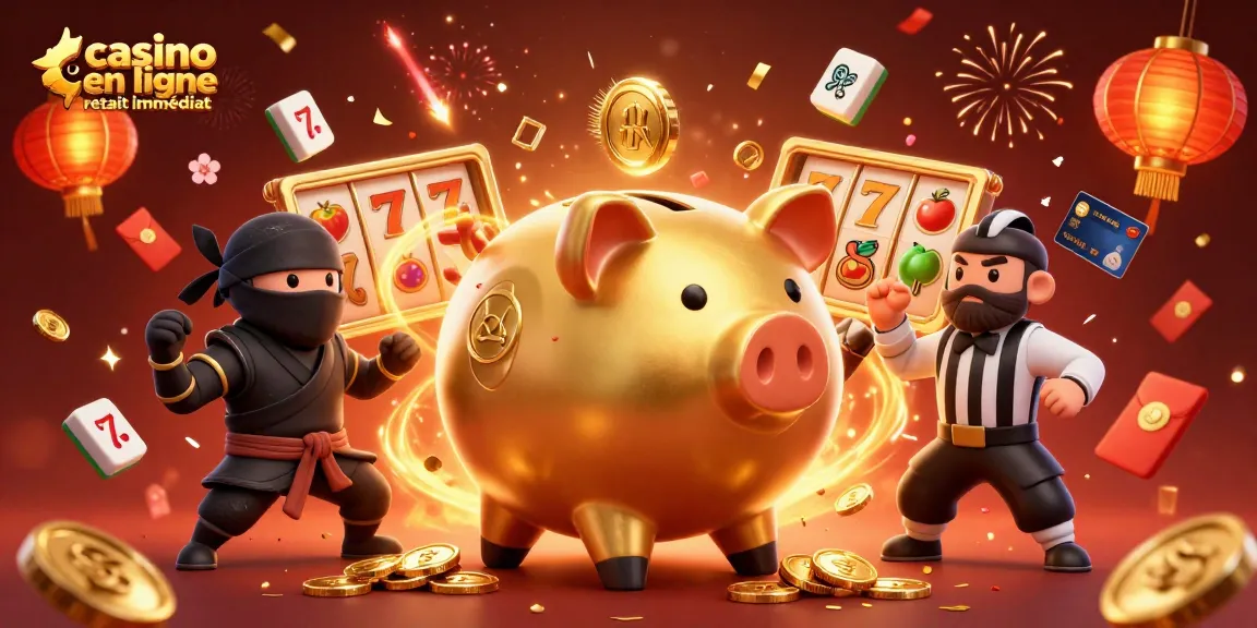 Casino en ligne retrait immédiat : une tirelire sumo et ninja dans une scène de jackpot animée.