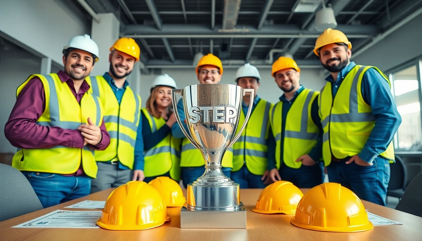 Celebrating STEP safety awards construction with smiling workers showcasing their achievements.