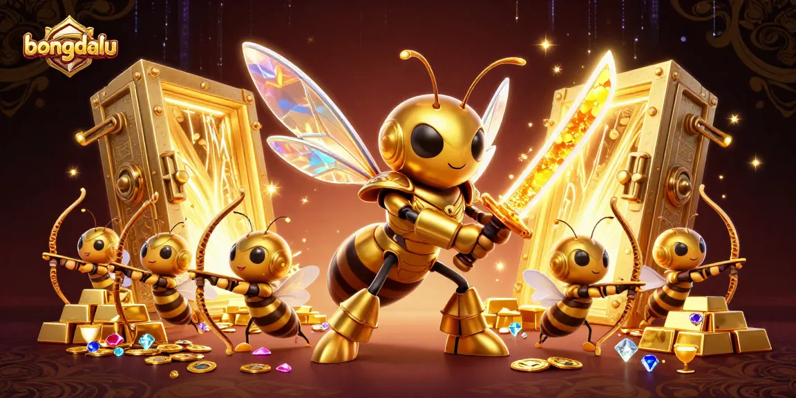 bongdalu showcases a dynamic 3D illustration of a golden hornet warrior leading bee archers in a treasure-filled fantasy setting.