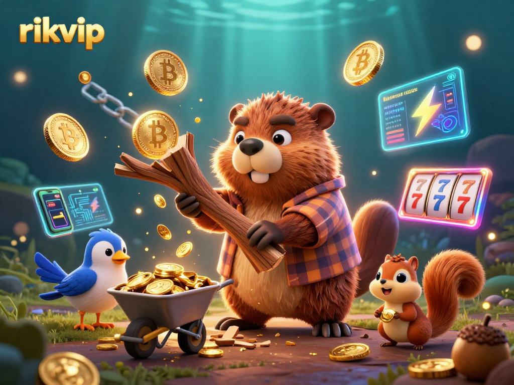 Join the fun at rikvip with a vibrant casino scene featuring coin rain and crypto elements