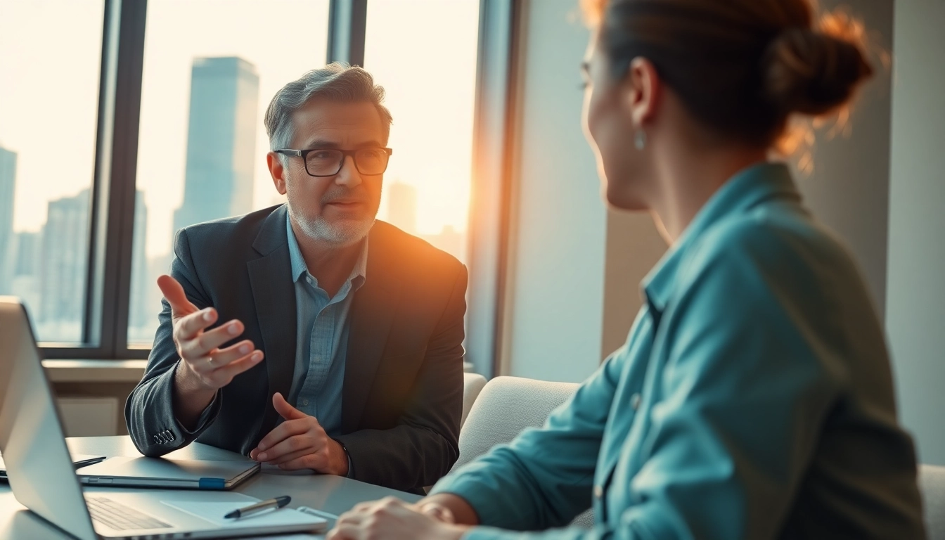 Career coaching session between a professional coach and client in a bright office.