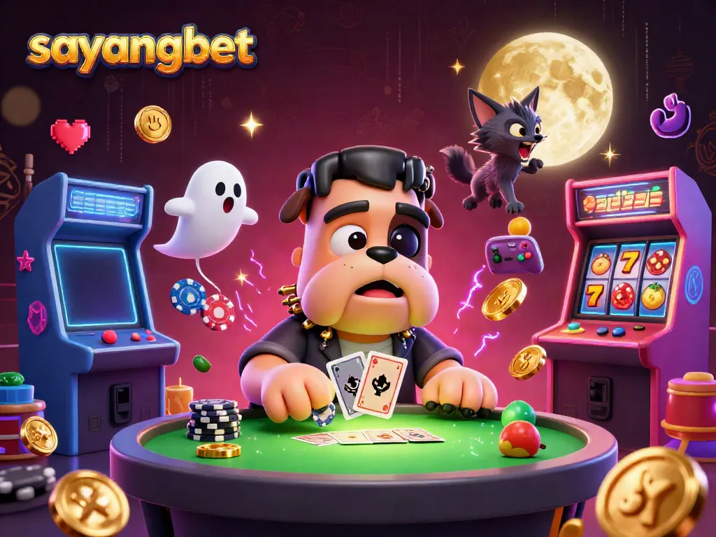 Experience exciting gaming action at sayangbet with a colorful 3D illustration of unique characters and vibrant casino elements.