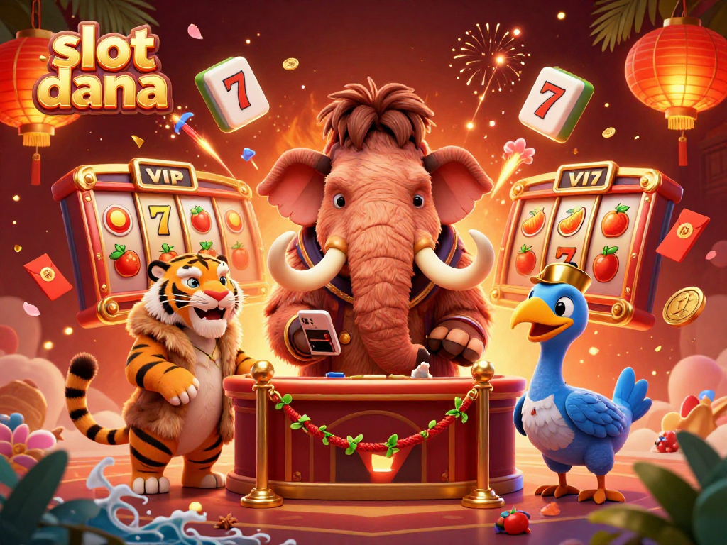 Engage with slot dana at a vibrant casino scene, featuring a woolly mammoth bouncer checking IDs.