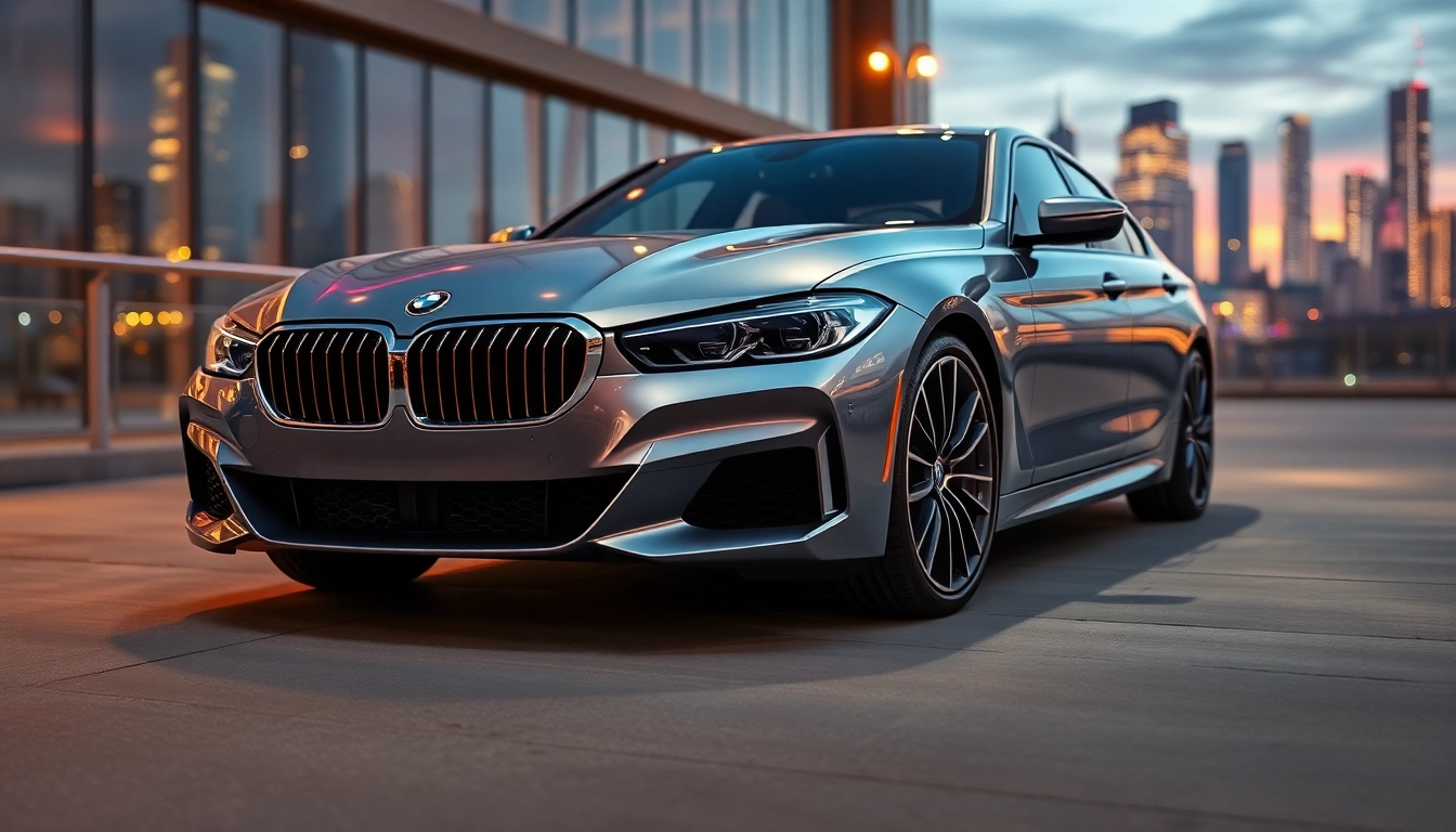 Showcasing a Luxury BMW car in an elegant urban setting highlighting its sleek design.