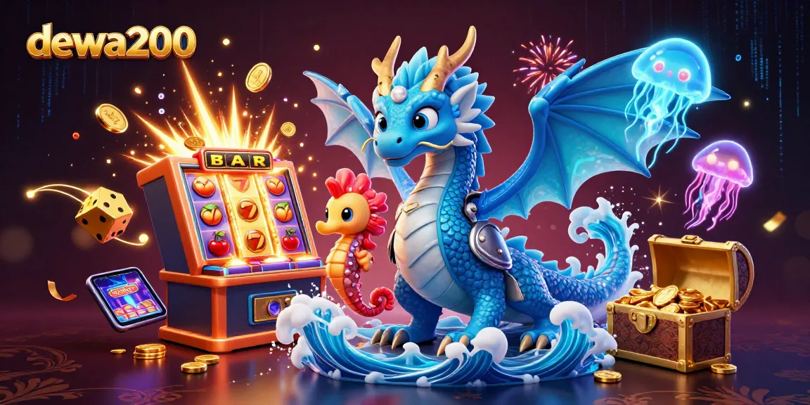 Menangkan jackpot di dewa200 dengan ilustrasi naga dan mesin slot yang mengeluarkan koin emas.