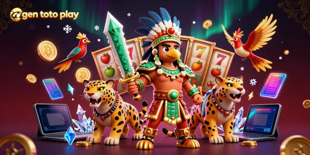 Spin to win at agen toto play with vibrant 3D Aztec characters and crypto-themed symbols.