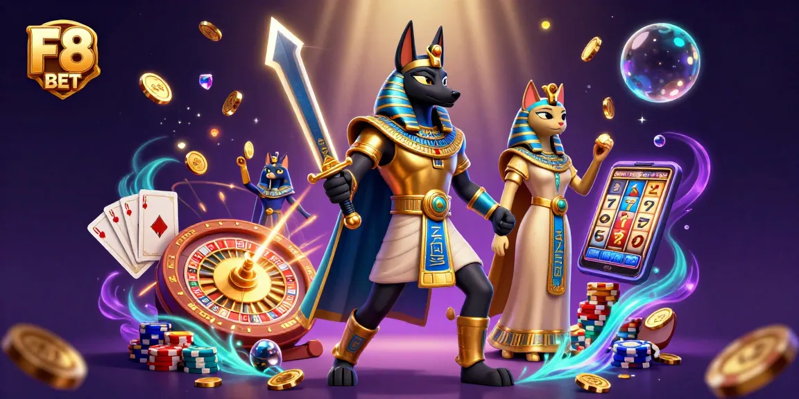Join the thrill of F8 BET with ancient Egyptian warrior Anubis amidst sparkling casino elements