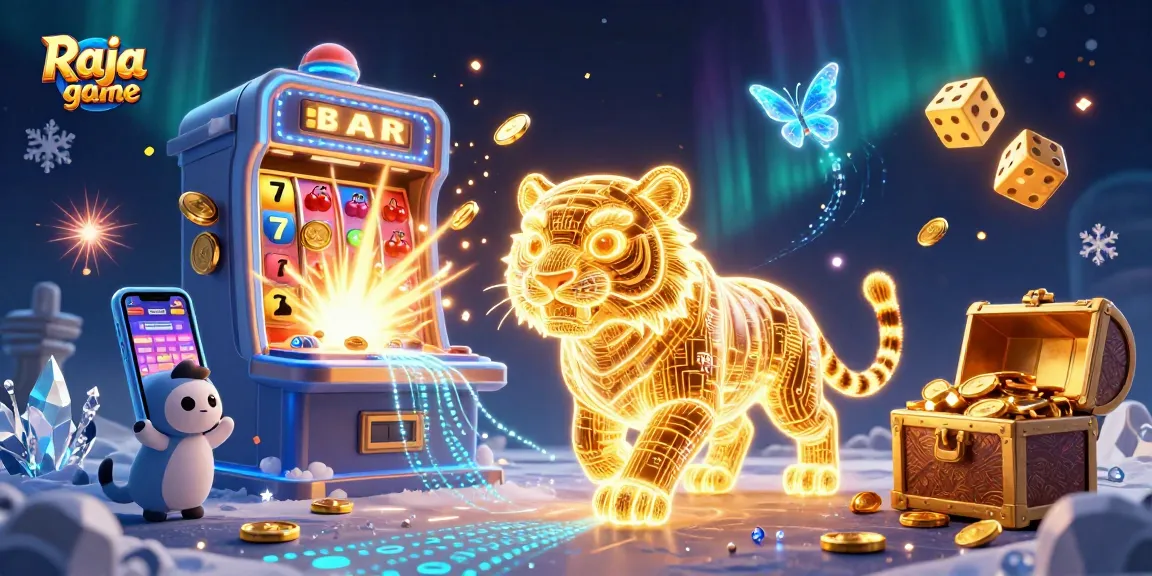 Engage with Raja game in a vibrant digital casino scene featuring a neon tiger and jackpot elements.