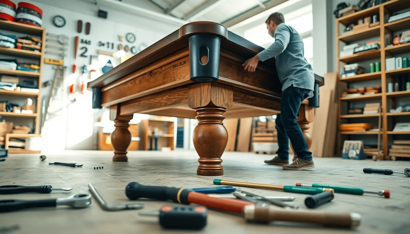 Pool Table Disassembly process with tools and disassembled parts in a workshop.