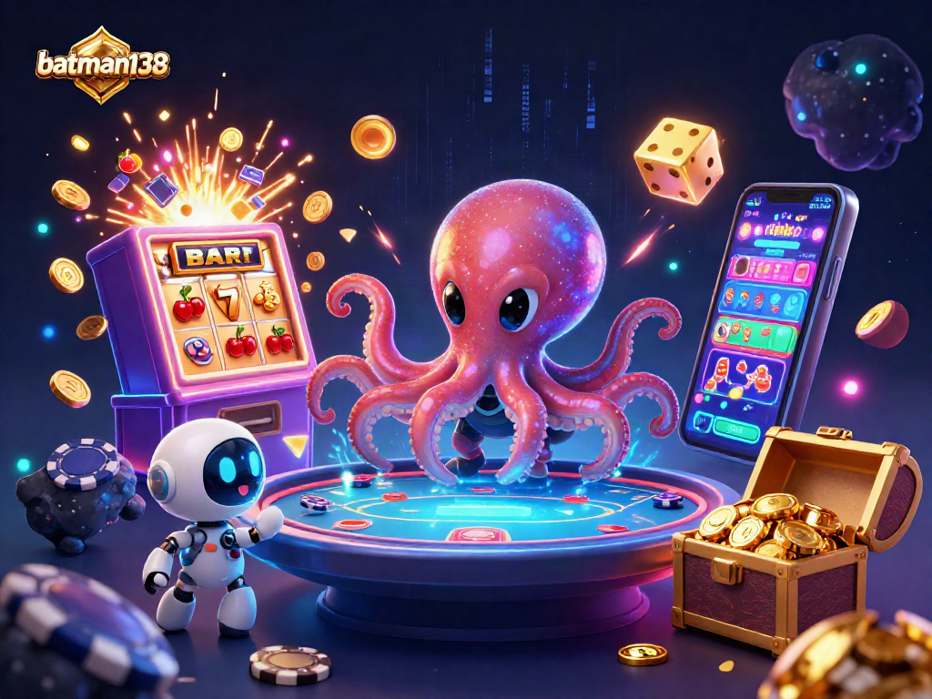 Batman138 menghibur dengan cumi-cumi alien dan robot di meja poker futuristik, simbol slot dan koin berkilau.