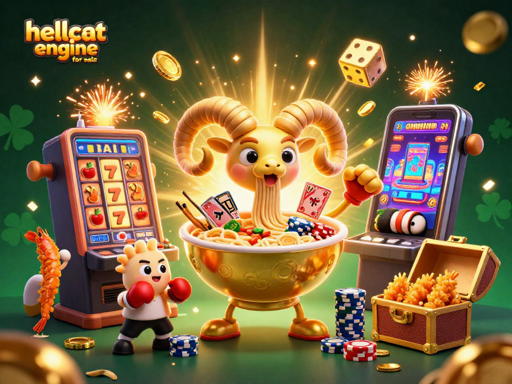 Experience excitement with the hellcat engine for sale revealed through animated casino characters in a vibrant scene.