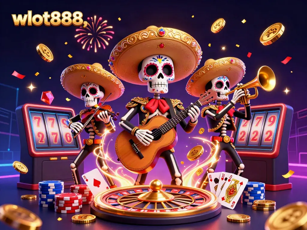 Gambar menarik wslot888 menampilkan band mariachi skeleton dalam suasana kasino yang semarak.