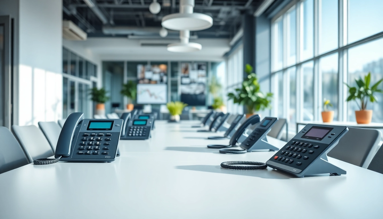 Showcasing modern business telephone systems in a stylish office space with bright natural light.