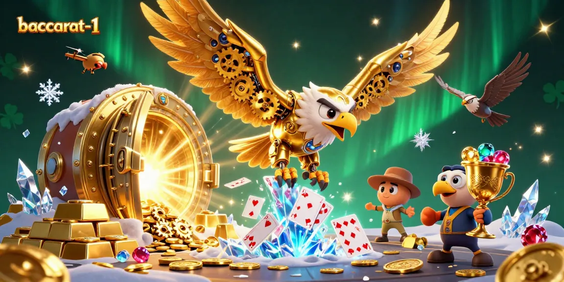 Baccarat-1 offers thrilling gameplay with cybernetic eagle soaring through holographic cards and treasures.