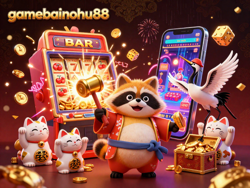Win big with gamebainohu88 in this vibrant casino scene featuring a joyful tanuki and colorful symbols!