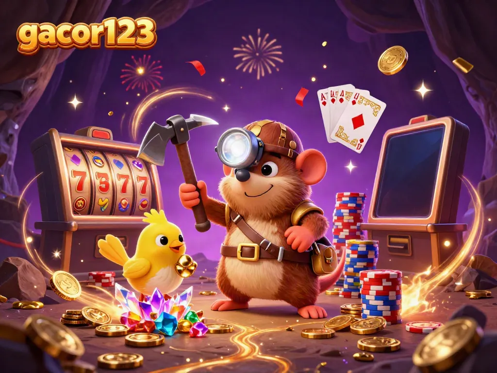 Unleash excitement with gacor123 in a vibrant, energy-filled casino scene featuring a treasure hunter mole, gold coins, and dynamic gaming elements.