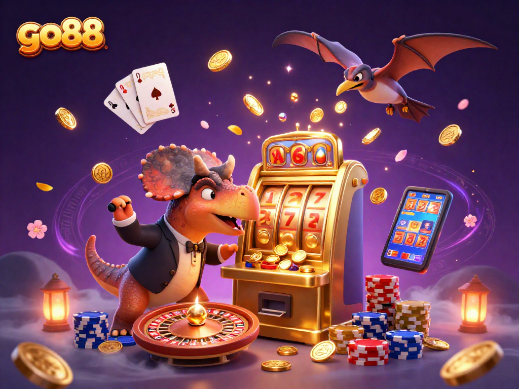 go88 captivates players as a pachycephalosaurus triggers a slot machine jackpot amidst swirling coins.